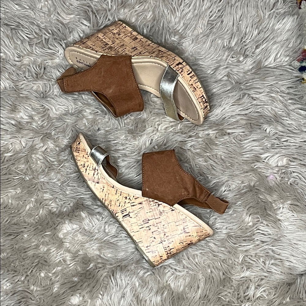 Basic Editions Brown Cork Wedge Sandals with Silver Strap